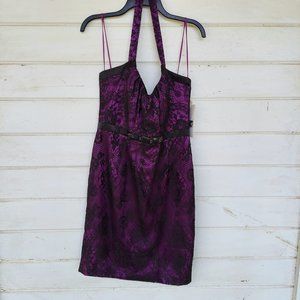Marc Bouwer Magenta Satin and Black Floral Lace Halter Special Occasion Dress 6
